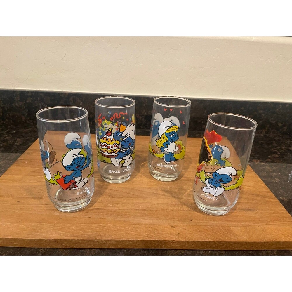 4 Vintage 1983 Smurf Drinking Glasses